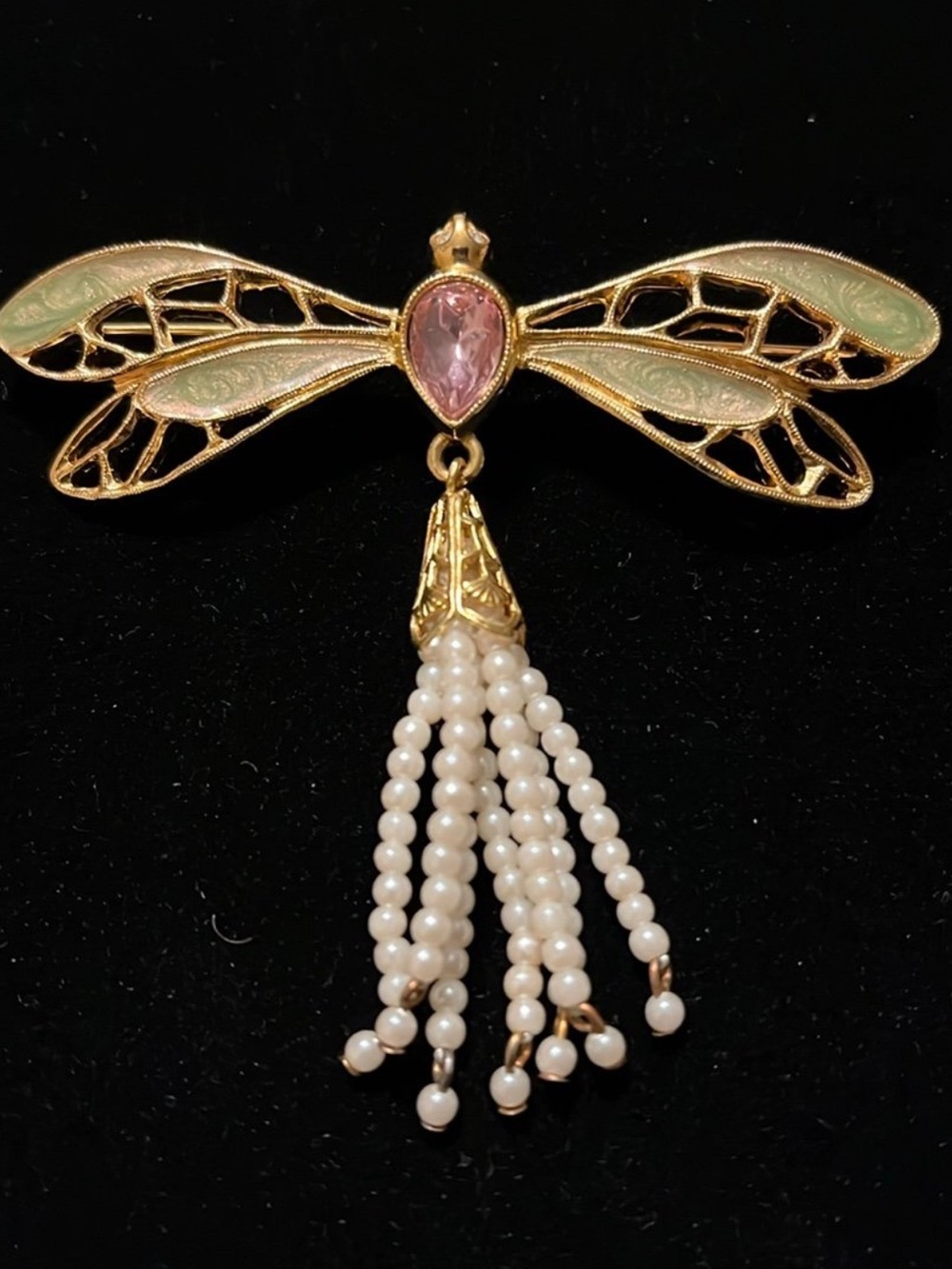 Vintage Avon Melody in Flight Dragonfly Brooch 1988 Pearl Tassel